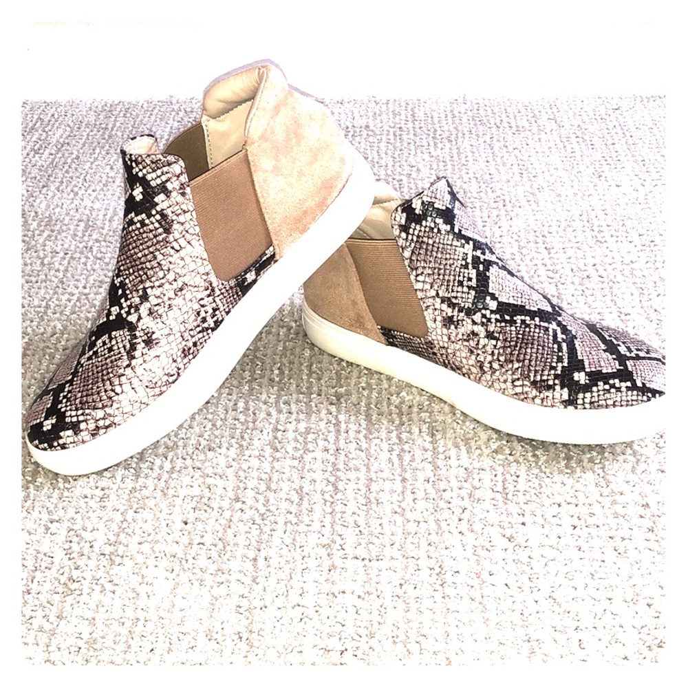 Gently worn snake skin and suede slip on shoes